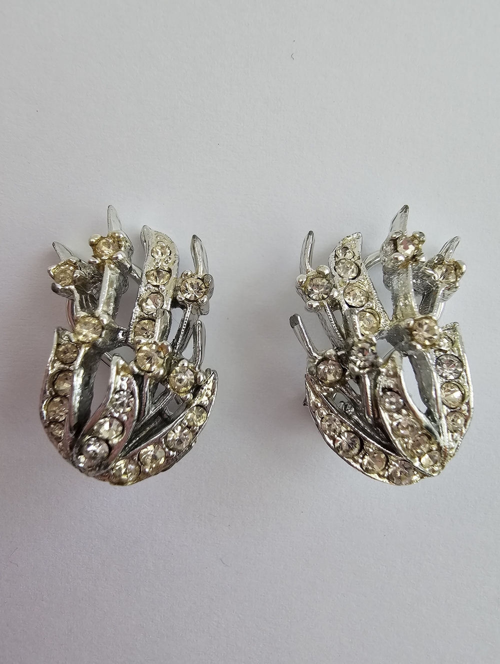 Vintage BSK Rhinestone Clip-On Earrings, Silver Tone Floral Crown Design